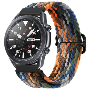 Detail of multicolor braided nylon watch strap with adjustable slide buckle on black watch