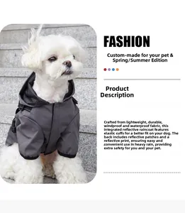 Detail showing waterproof dog raincoat fabric with reflective strips and leash harness