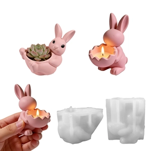 3D Rabbit Silicone Mold Bunny Holding Eggshell For DIY Candle Making Succulent Planter Plaster Ornaments Easter Cute Animal Decor