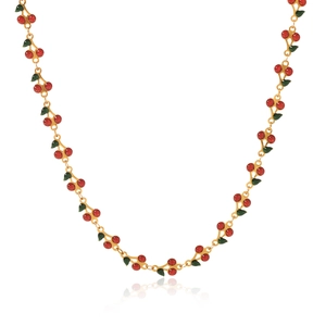 Bohemian gold stainless steel necklace featuring red cherry beads and green leaf charms