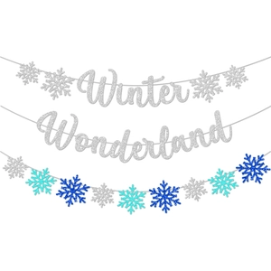 Guirlande flocon de neige scintillante Winter Wonderland en argent et bleu pour fêtes