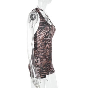 Detailed side view of leopard print bodysuit featuring racerback and slim fit cut