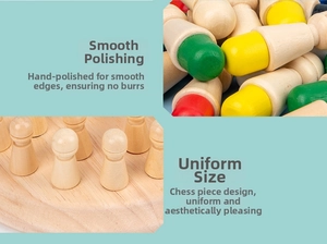 Close-up of smooth, handcrafted colorful wooden memory chess pieces with round edges