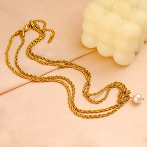 Double-layered gold twisted rope chain necklace with a round white pearl pendant for women