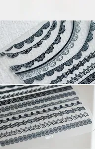 Macro shot of KX017 black lace nail stickers featuring delicate mesh and wave patterns