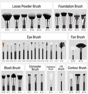 Detailed grid of 40 professional makeup brushes with black handles and labeled model numbers