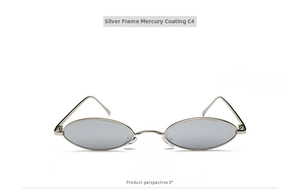 Front view detail of silver metal oval sunglasses with mercury coated reflective lenses