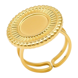 Detail of adjustable gold stainless steel ring with radial patterns and oval face