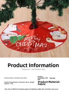 Detail of red 90cm Christmas tree skirt featuring Santa, reindeer, and festive cartoons