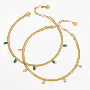 Gold stainless steel snake chain anklet with colorful zircon stones and tassel detail