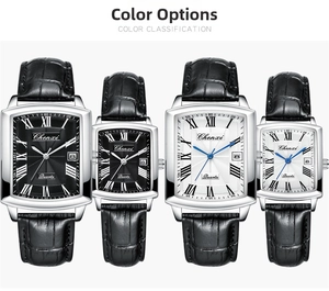 Macro detail of Chenxi rectangle quartz watches with calendar window and leather straps