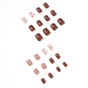 Short square leopard print press-on nails set with brown and white abstract patterns