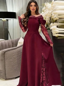 Elegant Off-Shoulder Lace Long Sleeve Evening Dress Women Satin Patchwork High Slit A-Line Banquet Prom Party Maxi Dress