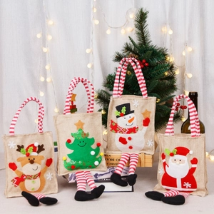 Christmas Gift Bags Burlap Linen 3D Santa Snowman Reindeer Tree Long Legs Striped Handle Holiday Party Candy Tote