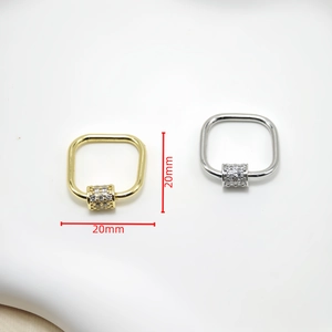 Detail of 20mm square zircon screw clasps for DIY jewelry in gold and silver finish