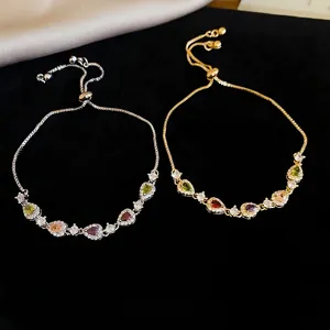 Elegant adjustable bracelet with colorful pear-cut zircons in gold and silver finish