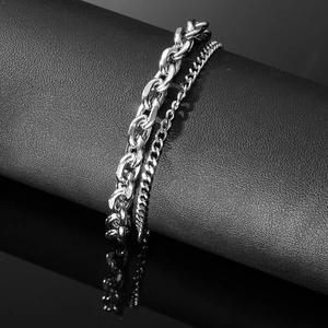 Hip-hop silver double-layer stainless steel chain bracelet with OT clasp on black leather