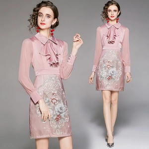 Elegant Pink Midi Dress Floral Embroidery Long Sheer Sleeves Ruffle Bow Lapel Retro Slim Fit Noble Formal Women