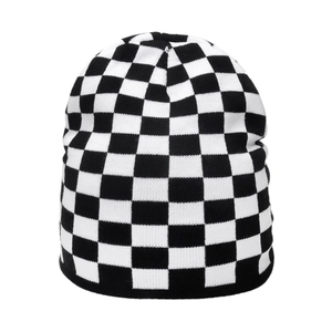 Classic black and white checkerboard knit beanie hat for winter warmth and street style