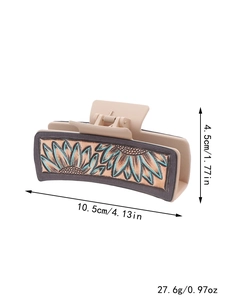 Beige rectangle hair claw clip with dark leather sunflower pattern and turquoise studs