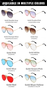 Close-up of golden bee bridge detail and colorful lens options for aviator sunglasses