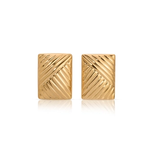 Minimalist 18K gold stainless steel rectangular stud earrings with diagonal texture design