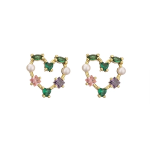 Chic gold heart earrings featuring green, pink, and purple stones with white pearls