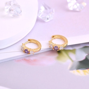 Macro shot of S925 silver stamp and gold-plated hoop earring with purple zircon stones