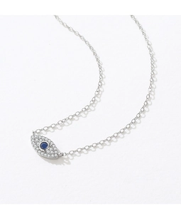 Detail of S925 silver Evil Eye necklace with clear diamonds and central blue gemstone
