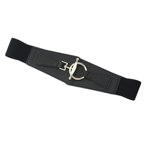 Black elastic wide waist belt for women with golden T-ring buckle for coats and dresses
