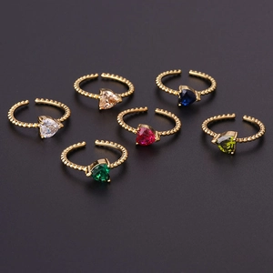 Colorful heart-shaped zircon rings set with golden beaded adjustable open bands