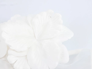 Detailed view of 3D white organza floral applique on a sweet short sleeve blouse