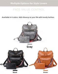 Close-up of three PU leather backpacks in grey, black, and brown with woven straps