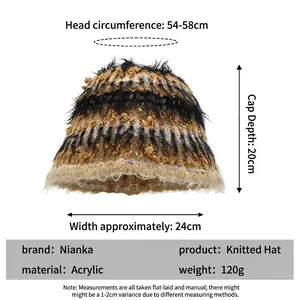 Colorful plush knitted bucket hat for women with size chart showing 54-58cm head circumference
