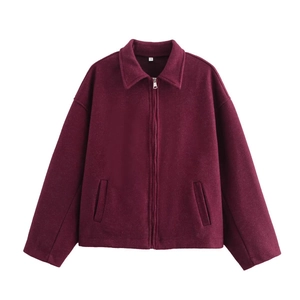 Vintage burgundy zip-up lapel jacket with a stylish felt texture and minimalist design