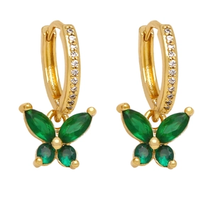 Elegant gold-plated hoop earrings with emerald green zircon butterfly and crystal accents