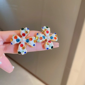 Vintage cross earrings with white enamel gold plating and colorful rhinestones