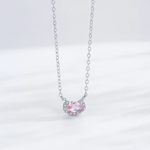 Minimalist S925 sterling silver necklace with pink morganite pendant and halo diamonds
