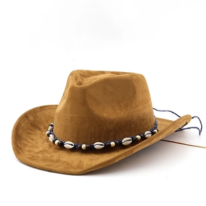 Brown faux suede western cowboy hat with seashell beaded band and curved brim for outdoor style
