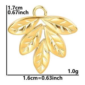 Detailed view of golden leaf charm dimensions with height and width specs in inches