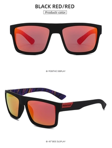 Close-up of matte black frame sports sunglasses with red polarized lenses from two angles