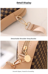 Detailed close-up of dark brown crossbody bag with gold pattern and metal zipper hooks