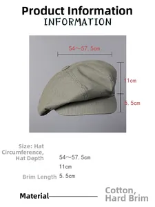 Size chart for cotton octagonal cap with measurements for brim, depth and head circumference