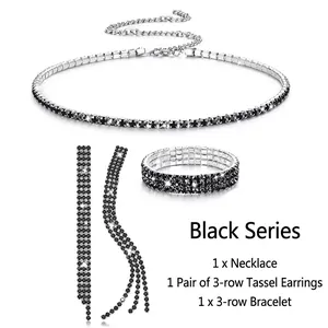 Detailed view of black rhinestone jewelry set including choker, tassel earrings and bracelet