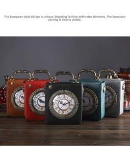Detailed arrangement of vintage clock-shaped bags in five retro colors on a wood surface