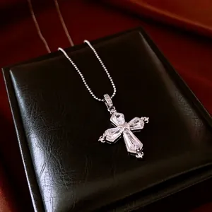 French style silver cross necklace with clear zircon on black leather and silk