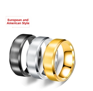 Detailed view of matte brushed stainless steel rings in black, silver, and gold finishes