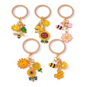 Summer sunflower bee enamel keychain set with yellow sun and flower charms on gold ring