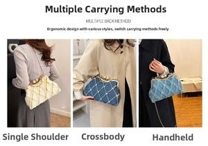 Retro kiss-lock shell bags in quilted fabric and denim with gold chains and pearl clasps