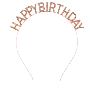 Detailed view of rose gold Happy Birthday headband with sparkling rhinestones